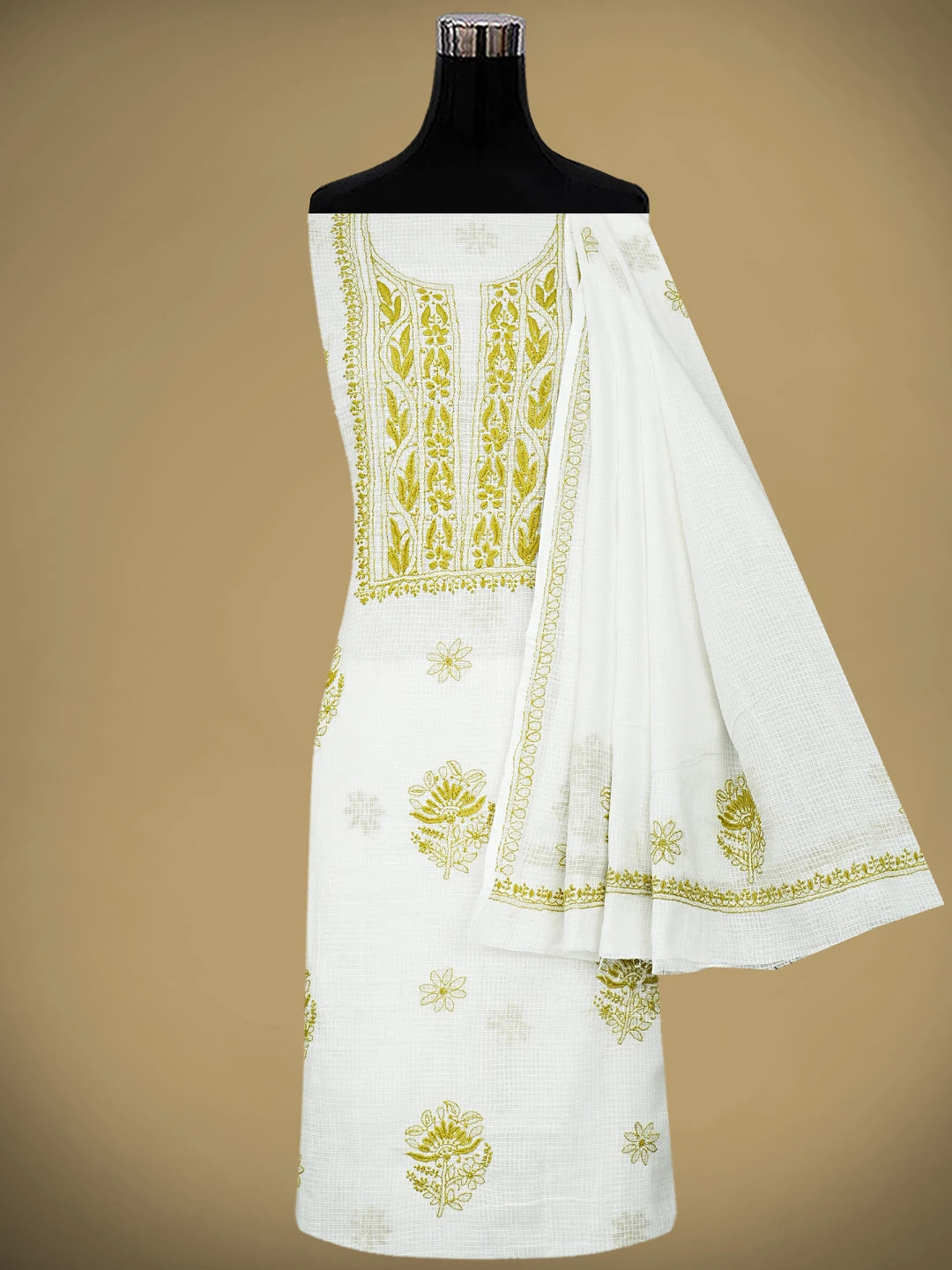 Ada Hand Embroidered Off White Kota Lucknowi Chikankari Unstitched Kurta Dupatta Set 01A876905