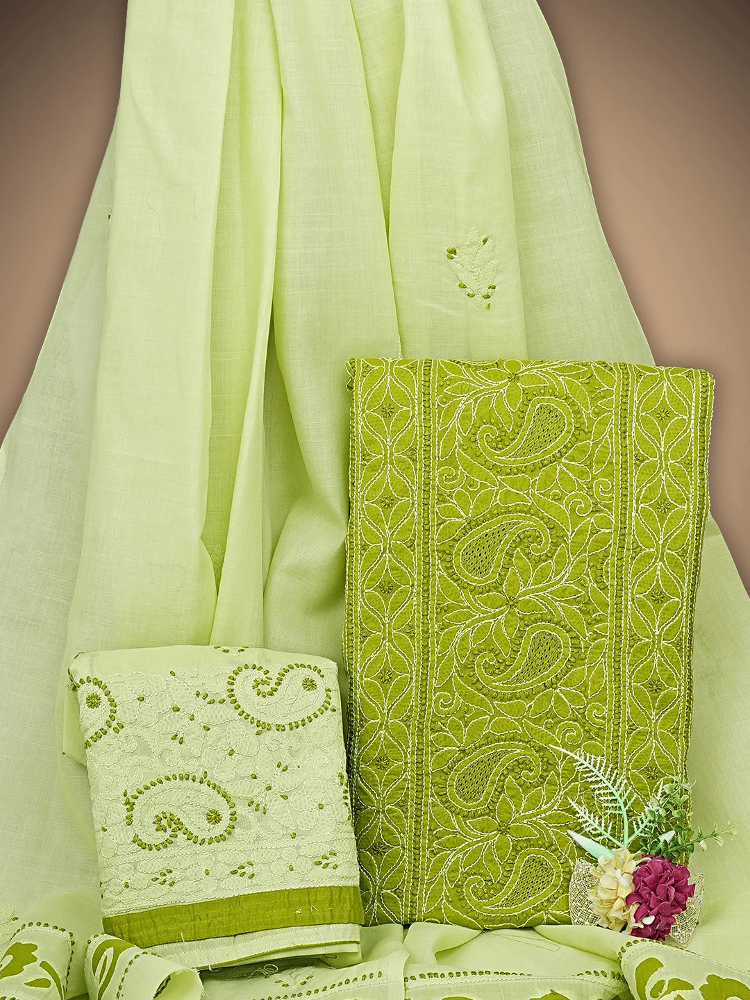 Ada Hand Embroidered Lime Moss Green Cotton Lucknowi Chikankari Unstitched Suit Piece 01A845228