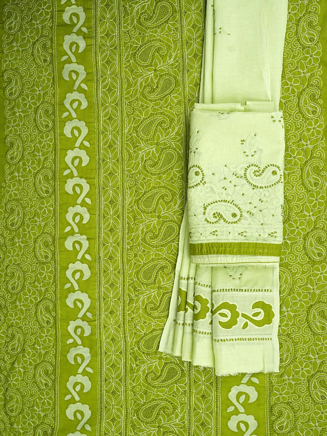 Ada Hand Embroidered Lime Moss Green Cotton Lucknowi Chikankari Unstitched Suit Piece 01A845228