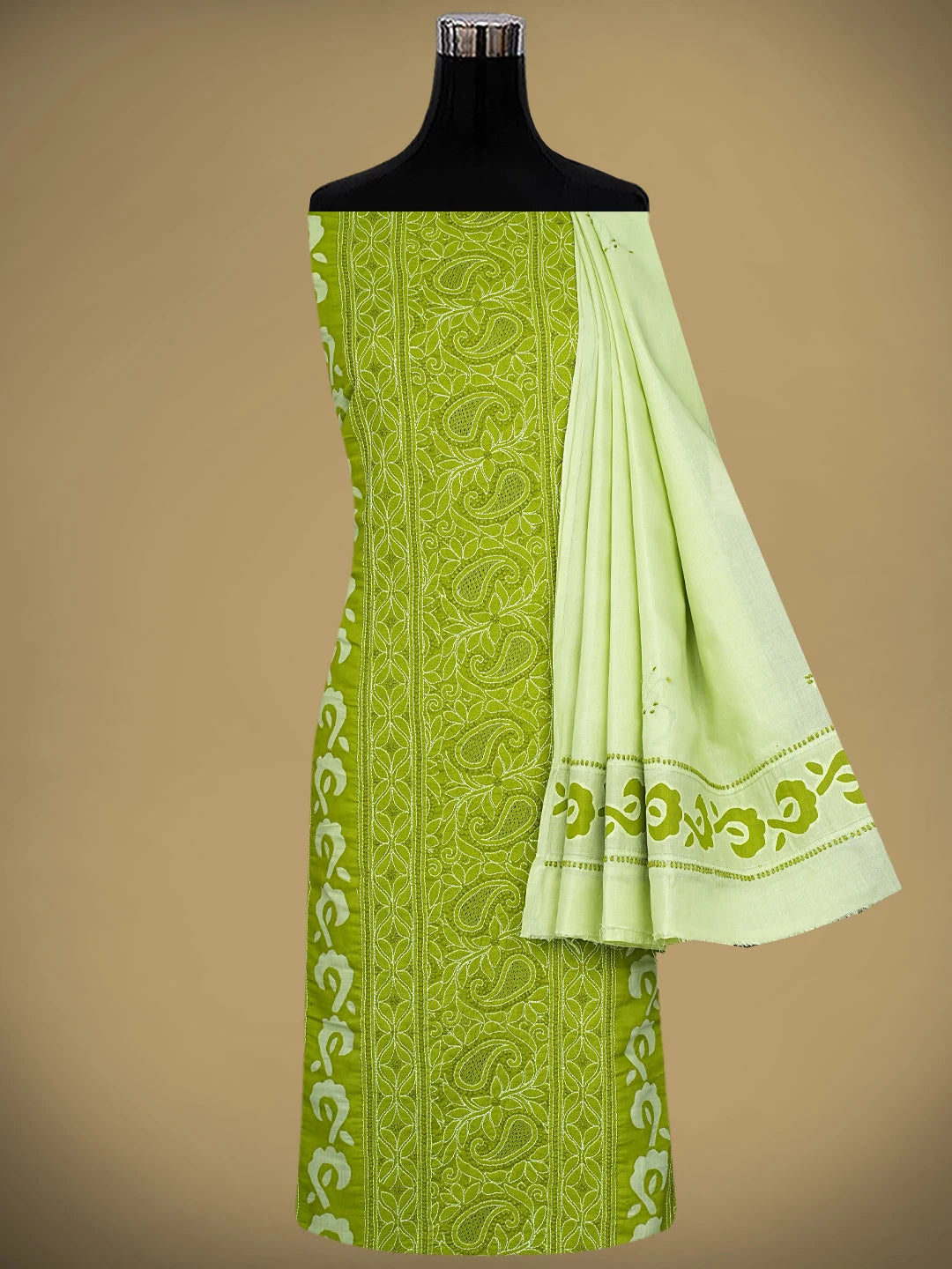 Ada Hand Embroidered Lime Moss Green Cotton Lucknowi Chikankari Unstitched Suit Piece 01A845228