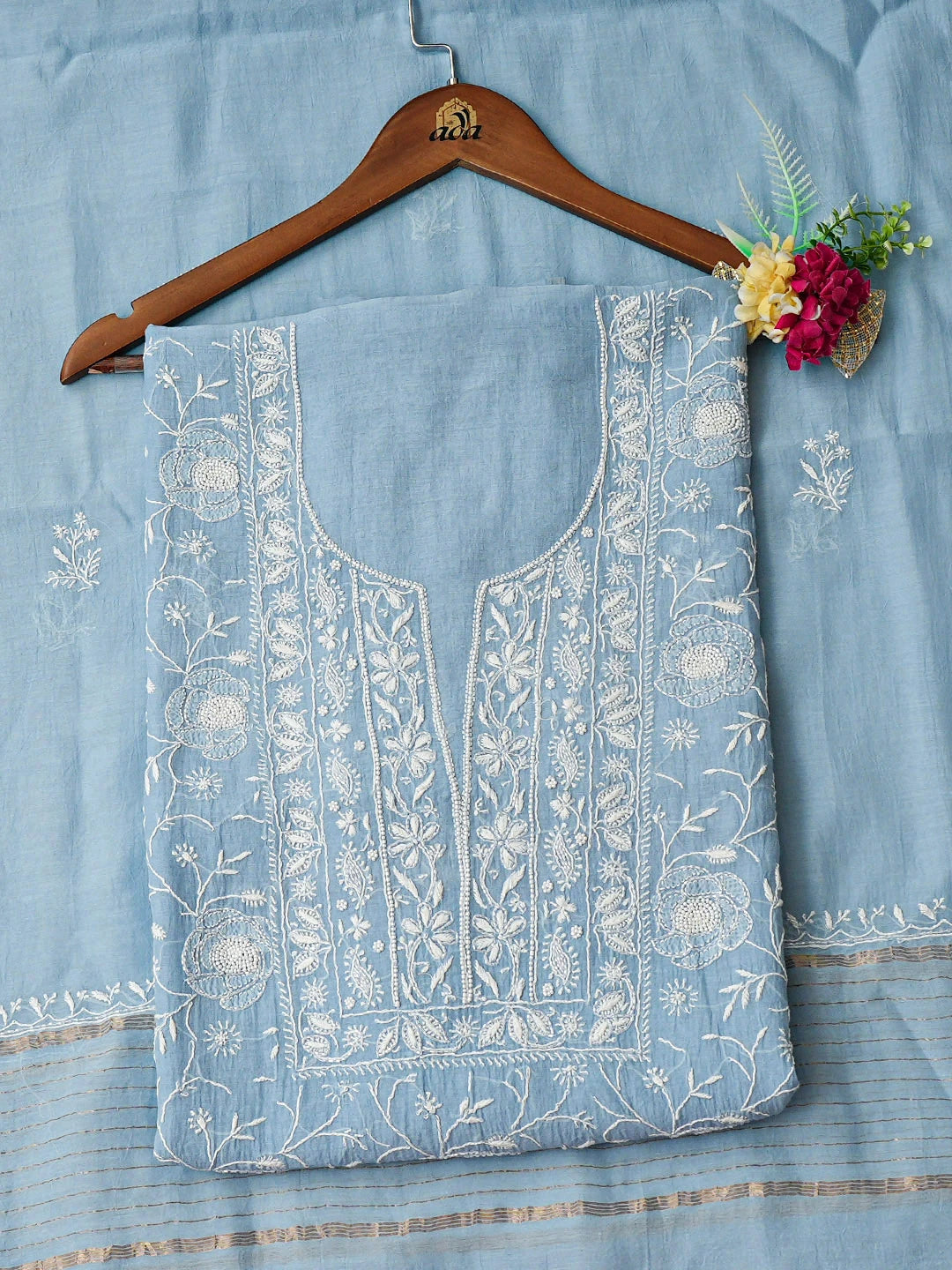 Ada Hand Embroidered Blue Chanderi Lucknowi Chikankari Unstitched Kurta Dupatta Set With Cutdana Work 01A934921