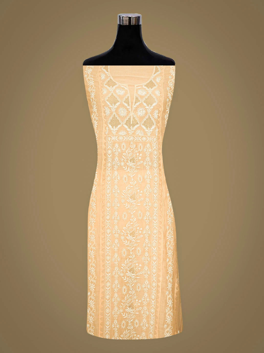 Ada Hand Embroidered Fawn Chanderi Lucknowi Chikankari Semi-stitched Kurta Dupatta Set 01A935877