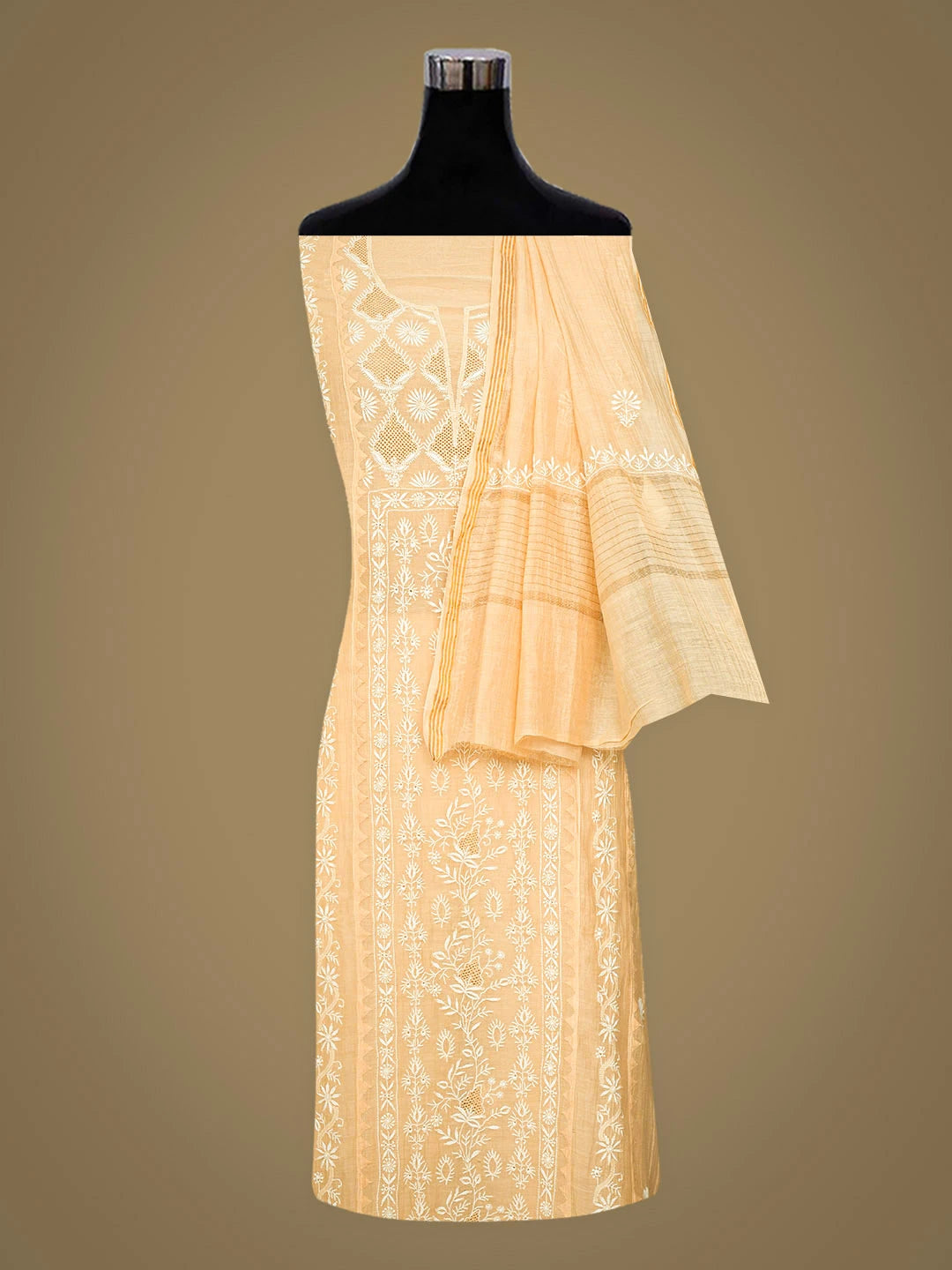 Ada Hand Embroidered Fawn Chanderi Lucknowi Chikankari Semi-stitched Kurta Dupatta Set 01A935877