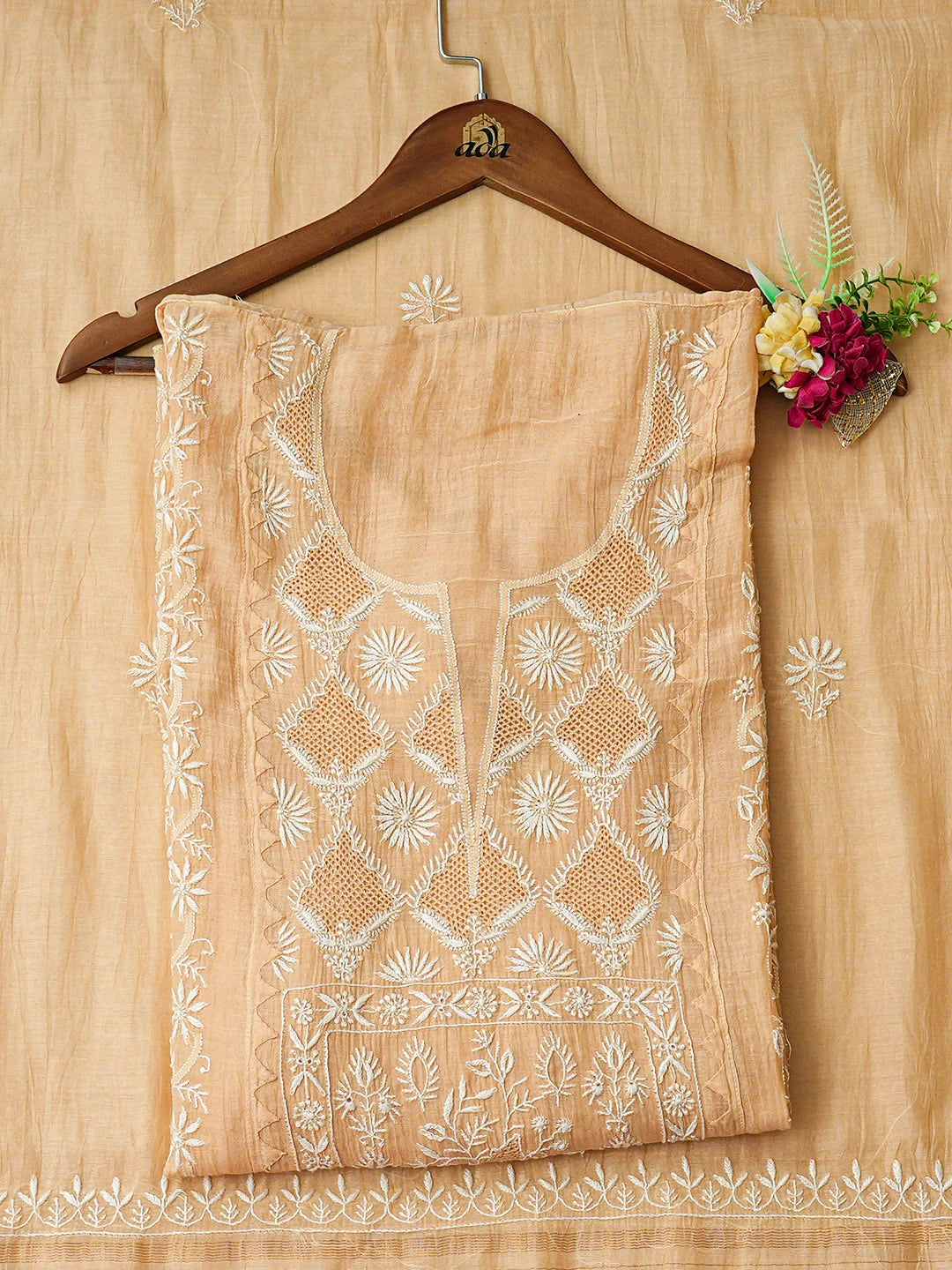 Ada Hand Embroidered Fawn Chanderi Lucknowi Chikankari Semi-stitched Kurta Dupatta Set 01A935877