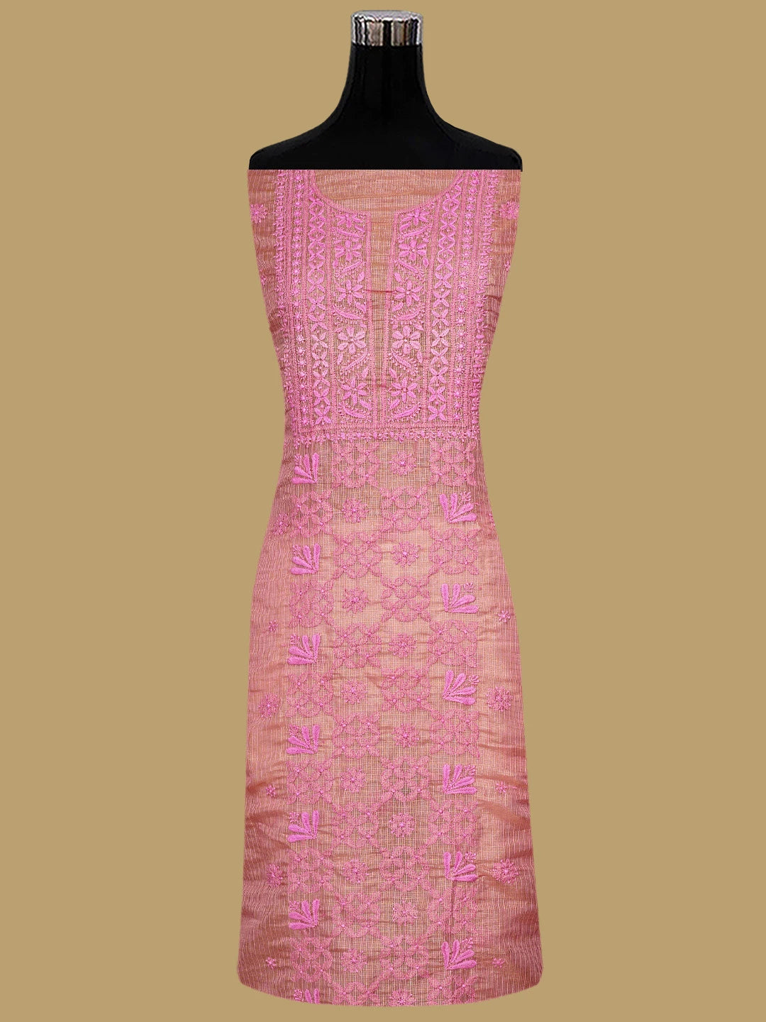 Ada Hand Embroidered Onion Pink Kota Tissue Lucknowi Chikankari Unstitched Kurta Dupatta Set 01A876757