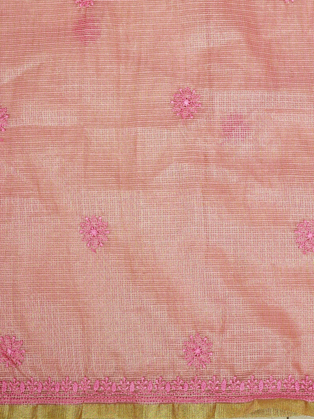 Ada Hand Embroidered Onion Pink Kota Tissue Lucknowi Chikankari Unstitched Kurta Dupatta Set 01A876757