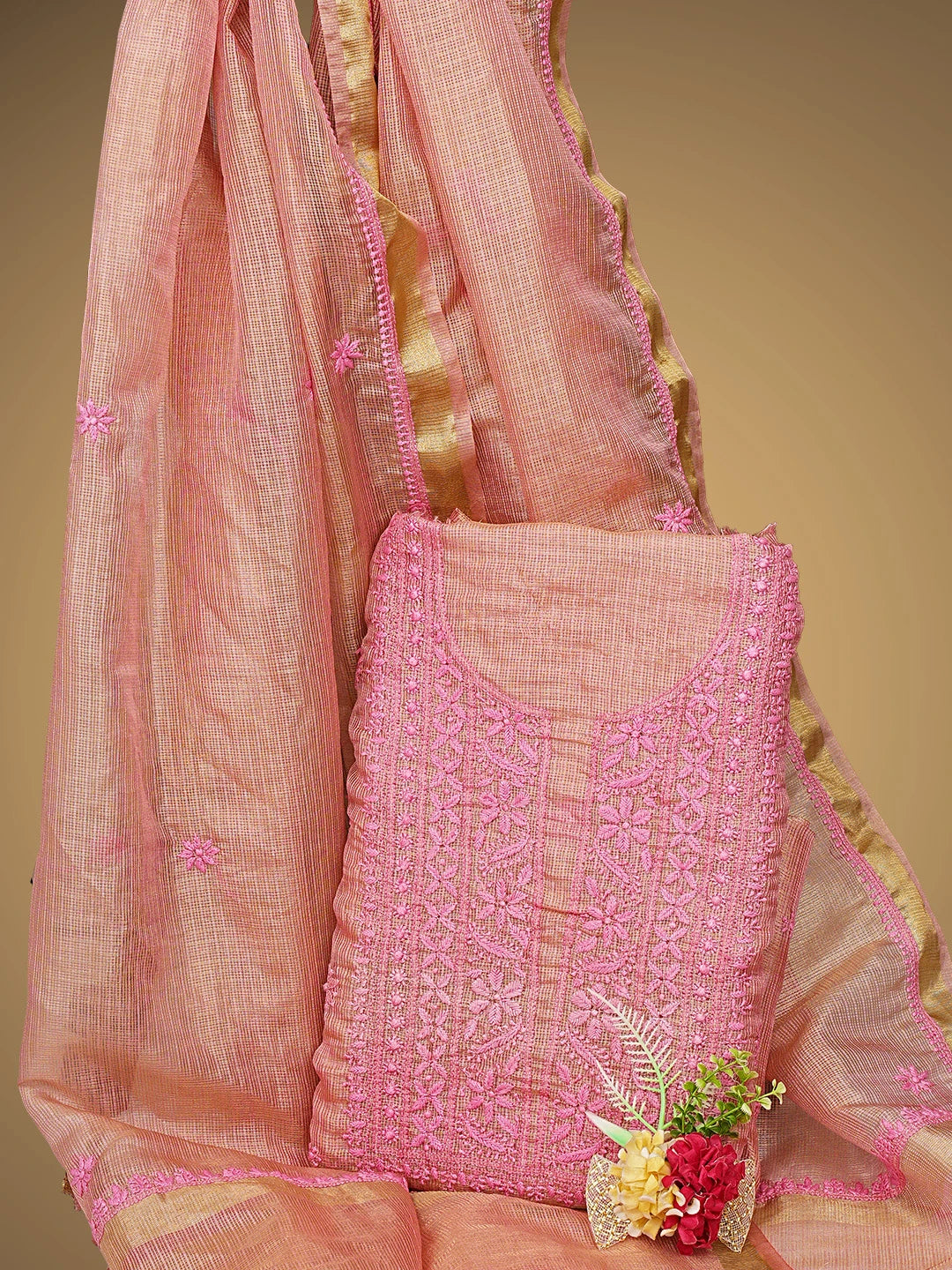 Ada Hand Embroidered Onion Pink Kota Tissue Lucknowi Chikankari Unstitched Kurta Dupatta Set 01A876757