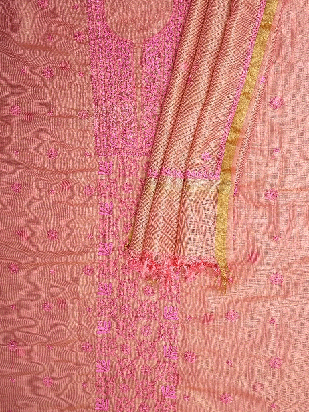 Ada Hand Embroidered Onion Pink Kota Tissue Lucknowi Chikankari Unstitched Kurta Dupatta Set 01A876757