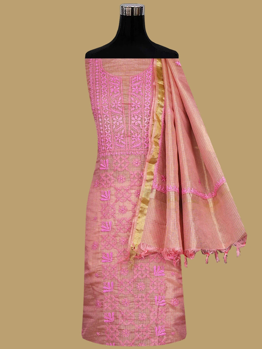 Ada Hand Embroidered Onion Pink Kota Tissue Lucknowi Chikankari Unstitched Kurta Dupatta Set 01A876757