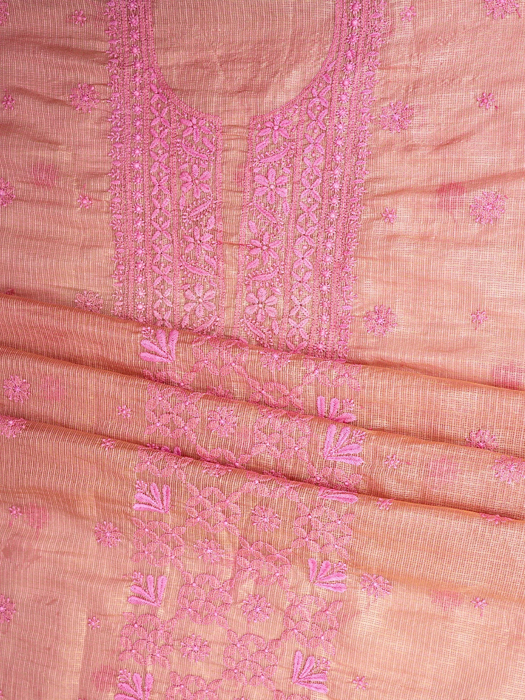 Ada Hand Embroidered Onion Pink Kota Tissue Lucknowi Chikankari Unstitched Kurta Dupatta Set 01A876757