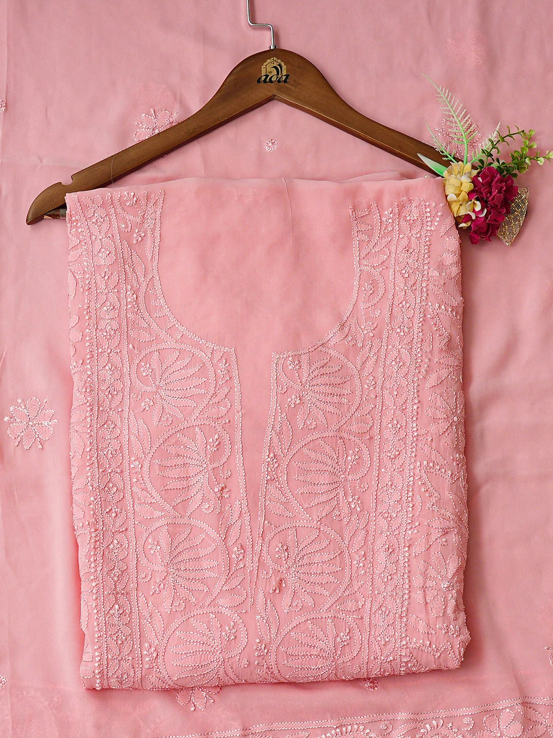 Ada Hand Embroidered Peach Viscose Georgette Lucknowi Chikankari Unstitched Kurta Dupatta Set 01A933470
