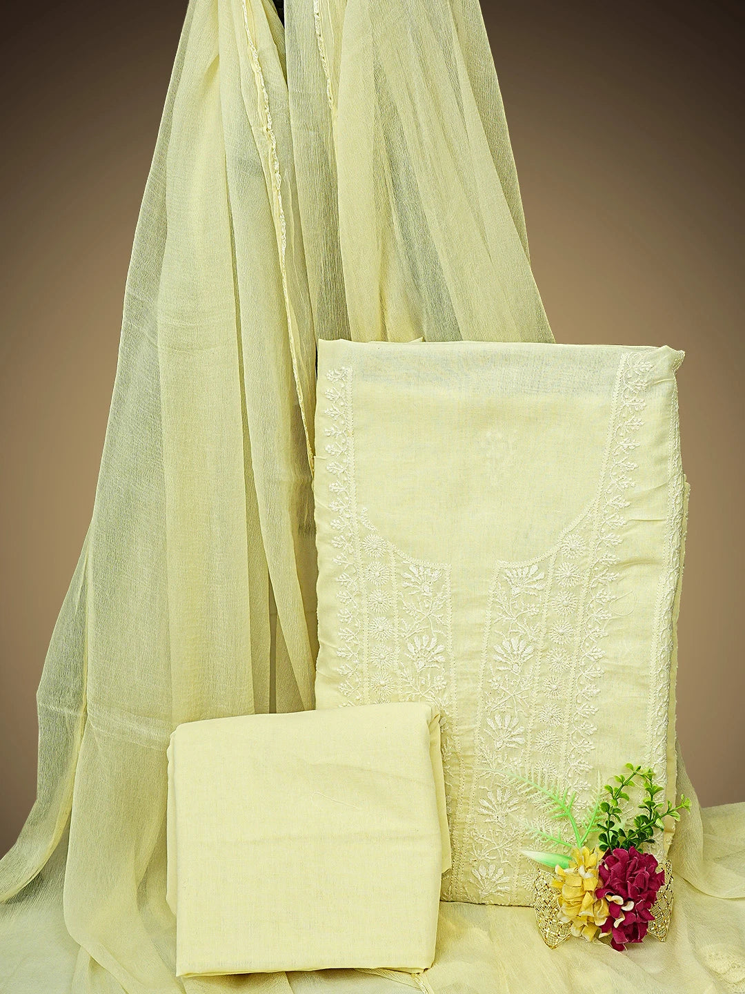 Ada Hand Embroidered Lemon Cotton Lucknowi Chikankari Unstitched Suit Piece 01A514338