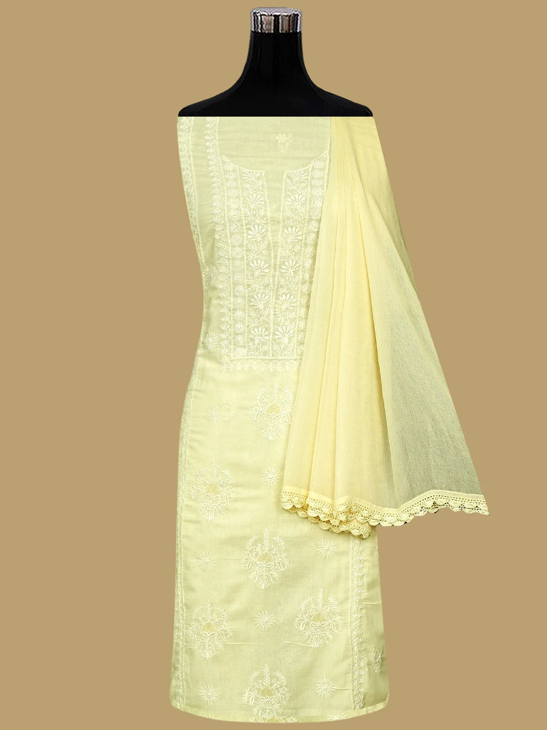 Ada Hand Embroidered Lemon Cotton Lucknowi Chikankari Unstitched Suit Piece 01A514338