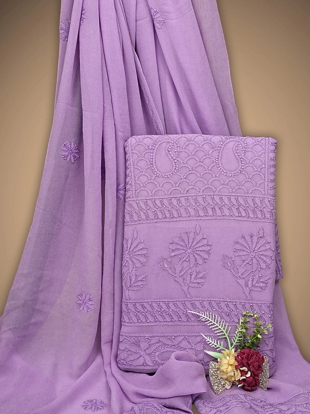 Ada Hand Embroidered Mauve  Viscose Georgette Lucknowi Chikankari Unstitched Kurta Dupatta Set 01A792761