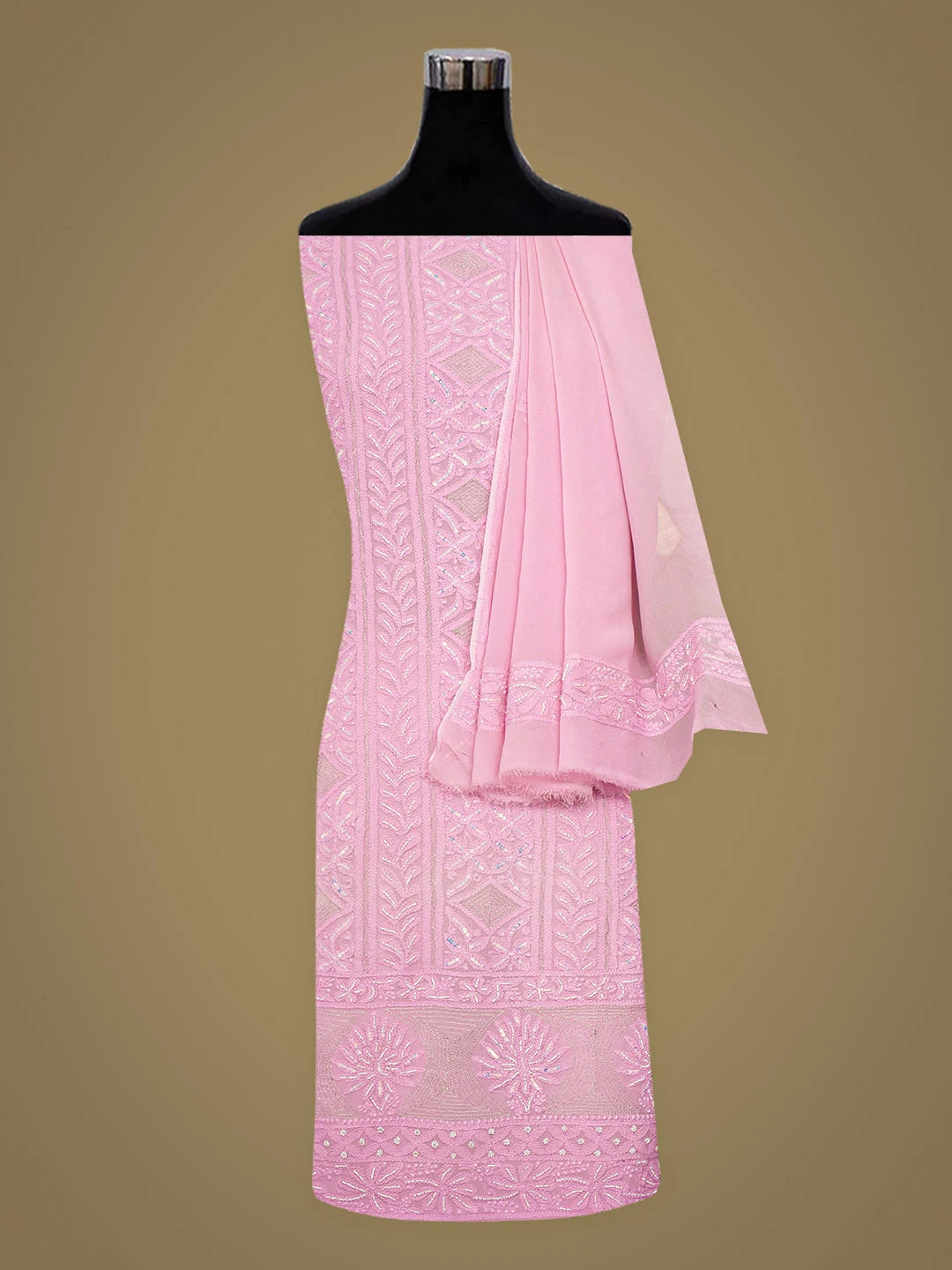 Ada Hand Embroidered Pink Viscose Georgette Lucknowi Chikankari Unstitched Kurta Dupatta Set With Pearl Work 01A800107