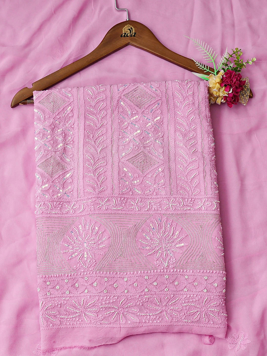 Ada Hand Embroidered Pink Viscose Georgette Lucknowi Chikankari Unstitched Kurta Dupatta Set With Pearl Work 01A800107