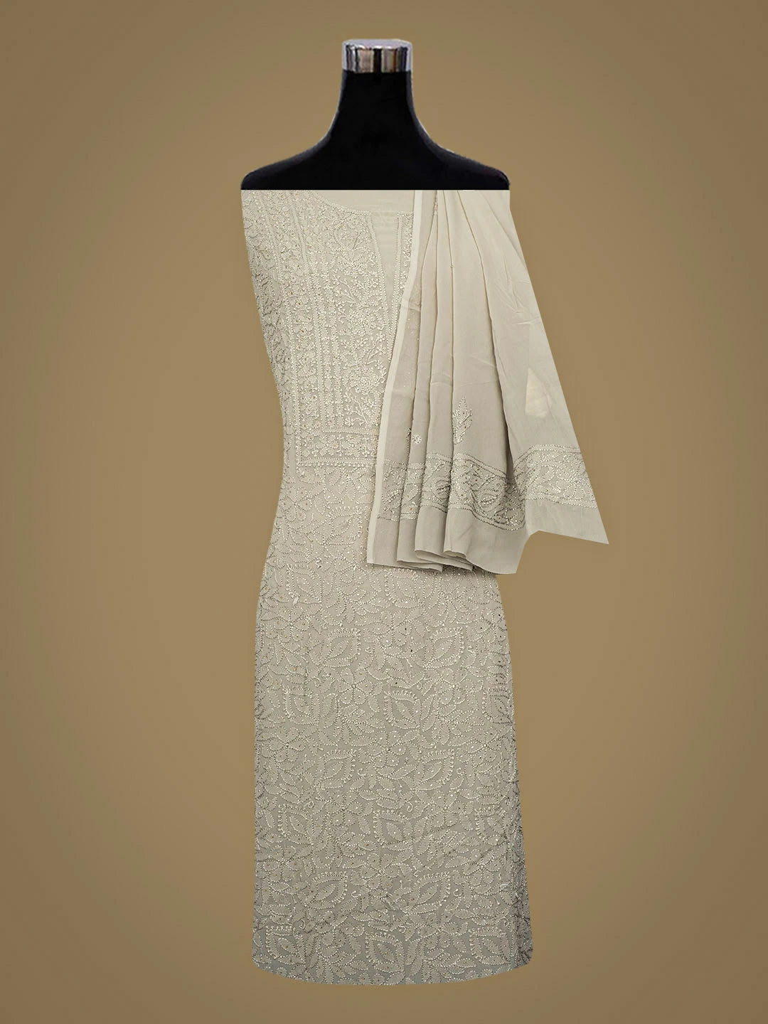 Ada Hand Embroidered Dusty Grey Viscose Georgette Lucknowi Chikankari Unstitched Kurta Dupatta Set With Muqaish/Mukaish Work 01A933364