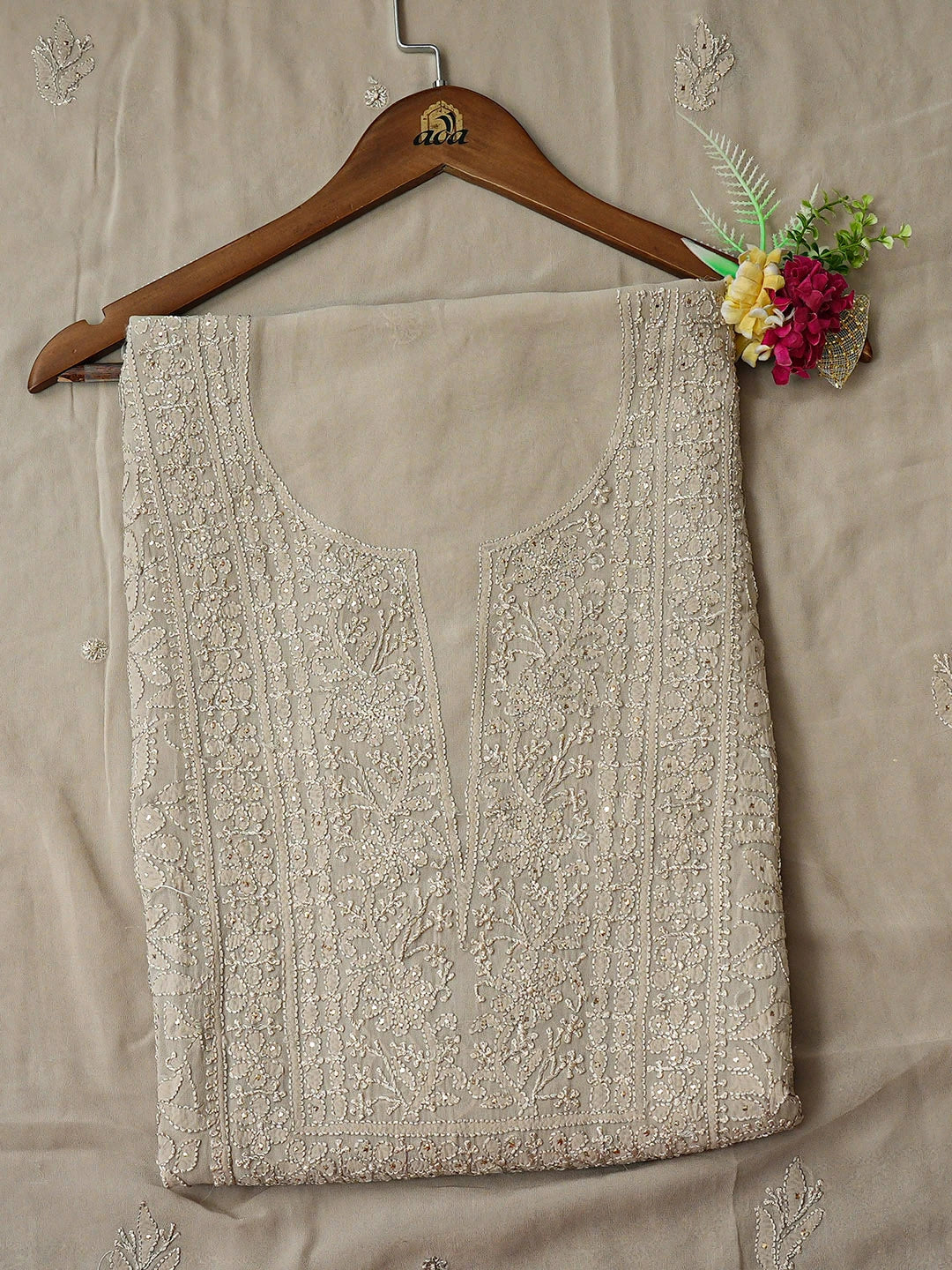 Ada Hand Embroidered Dusty Grey Viscose Georgette Lucknowi Chikankari Unstitched Kurta Dupatta Set With Muqaish/Mukaish Work 01A933364