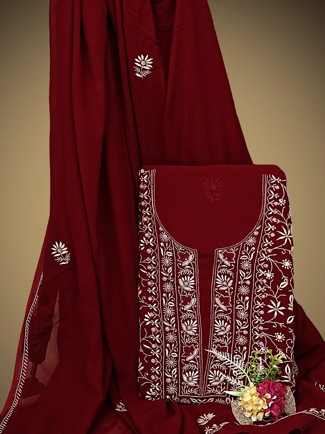 Ada Hand Embroidered Maroon Viscose Georgette Lucknowi Chikankari Unstitched Kurta Dupatta Set 01A887965
