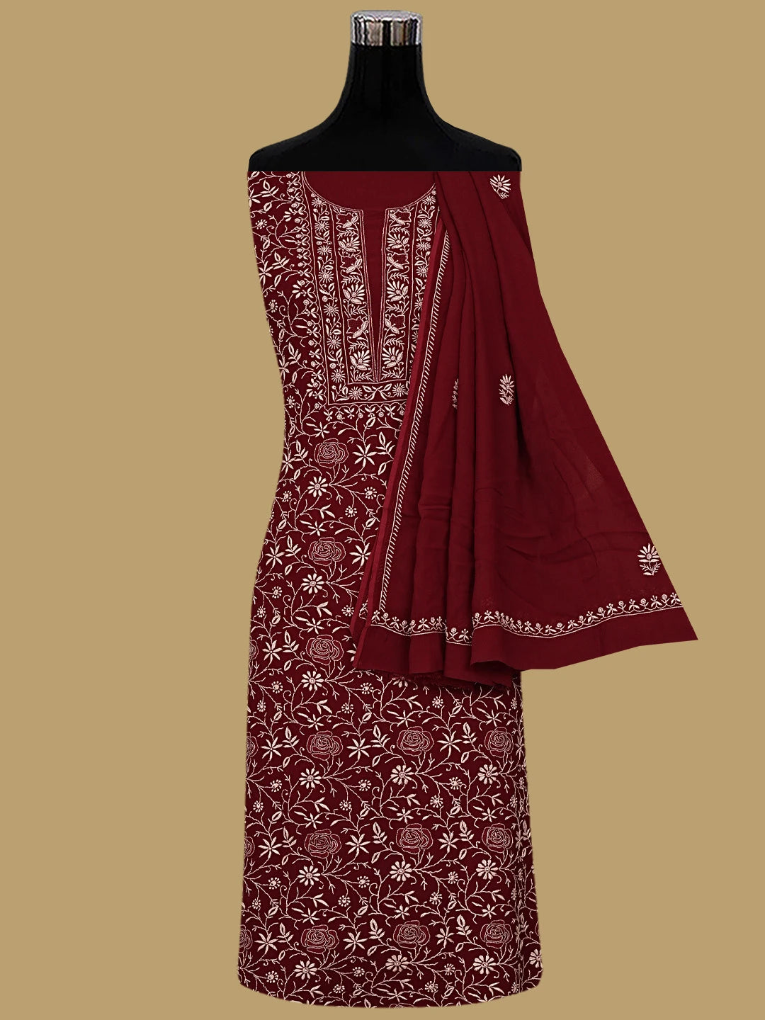 Ada Hand Embroidered Maroon Viscose Georgette Lucknowi Chikankari Unstitched Kurta Dupatta Set 01A887965