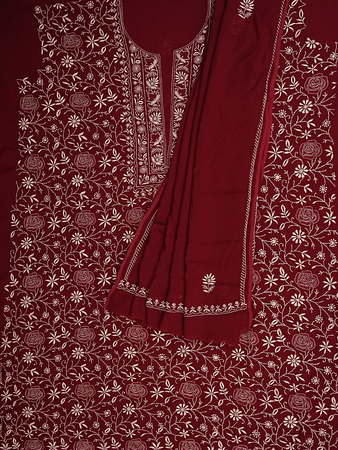 Ada Hand Embroidered Maroon Viscose Georgette Lucknowi Chikankari Unstitched Kurta Dupatta Set 01A887965