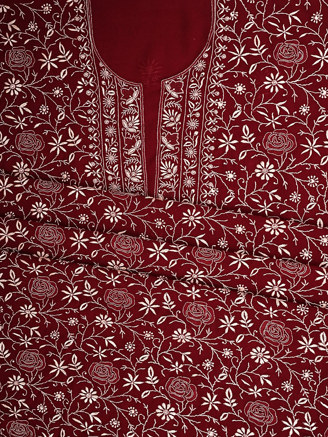 Ada Hand Embroidered Maroon Viscose Georgette Lucknowi Chikankari Unstitched Kurta Dupatta Set 01A887965