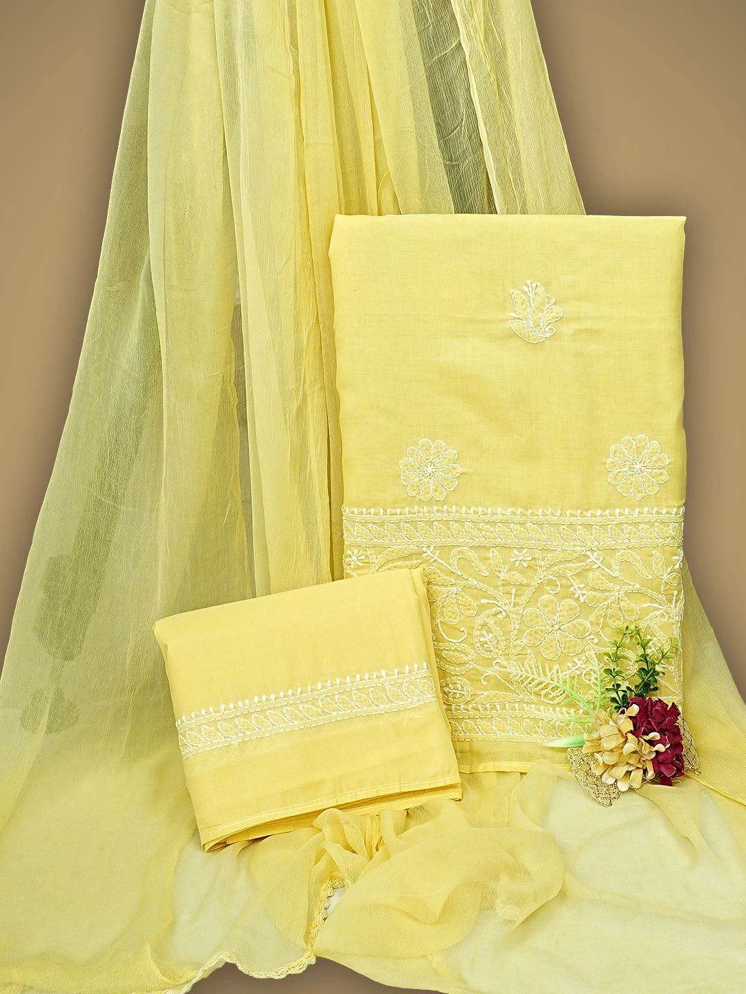Ada Hand Embroidered Yellow Cotton Lucknowi Chikankari Unstitched Suit Piece 01A818695