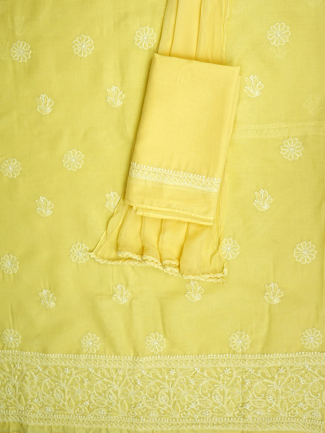 Ada Hand Embroidered Yellow Cotton Lucknowi Chikankari Unstitched Suit Piece 01A818695