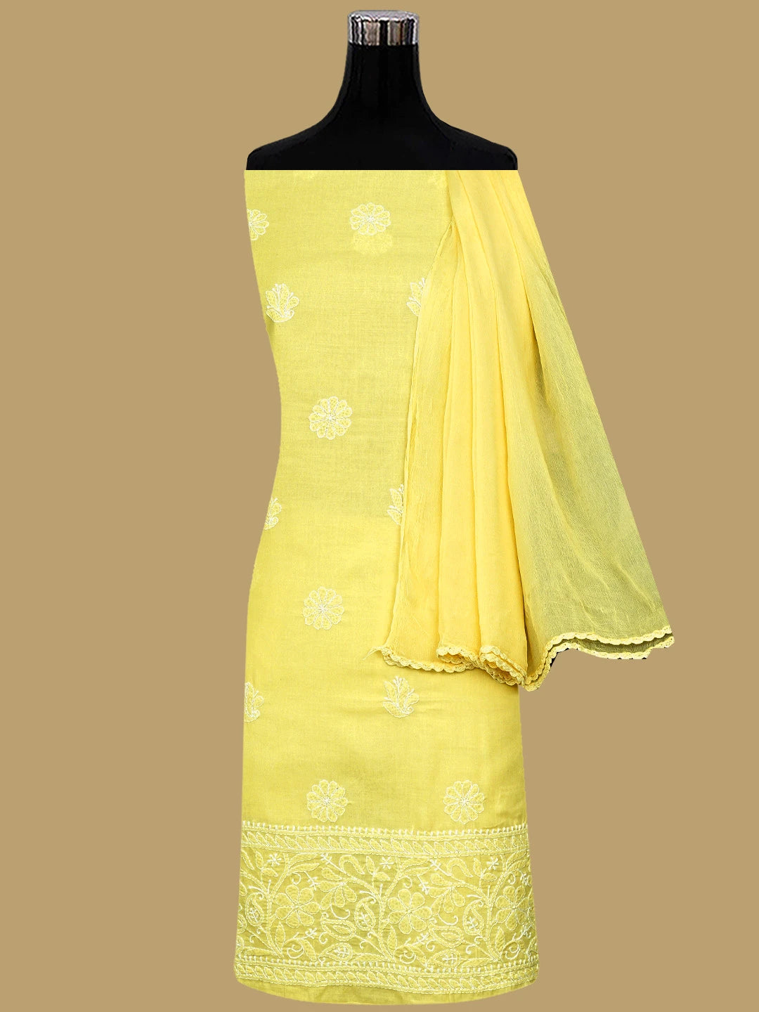 Ada Hand Embroidered Yellow Cotton Lucknowi Chikankari Unstitched Suit Piece 01A818695