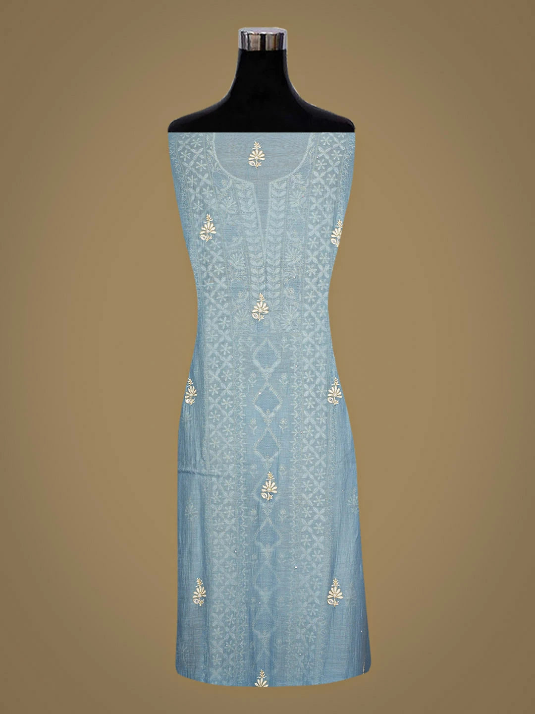 Ada Hand Embroidered Blue Chanderi Lucknowi Chikankari Unstitched Kurta Dupatta Set With Zari Taar Work 01A902102