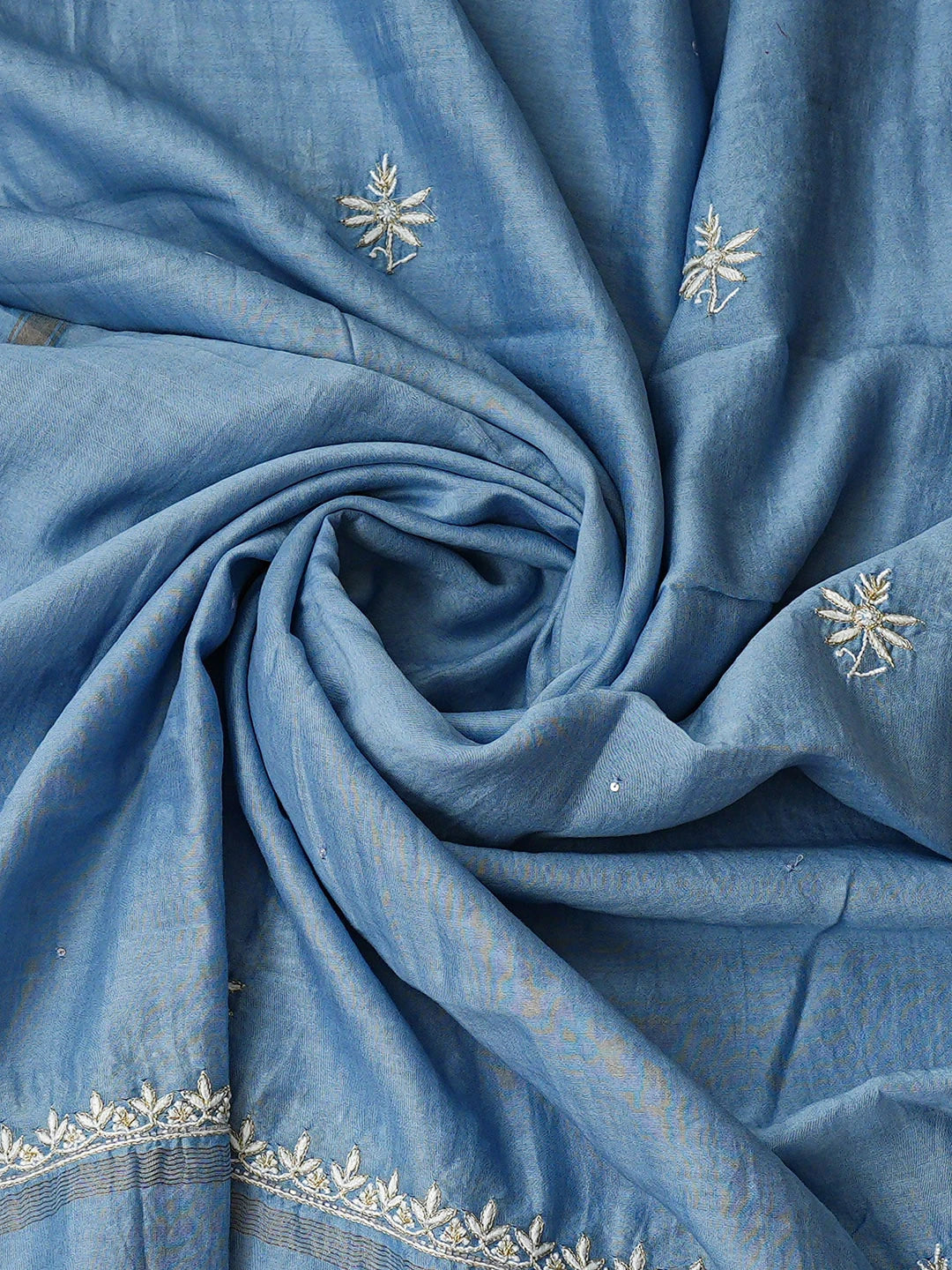 Ada Hand Embroidered Blue Chanderi Lucknowi Chikankari Unstitched Kurta Dupatta Set With Zari Taar Work 01A902102