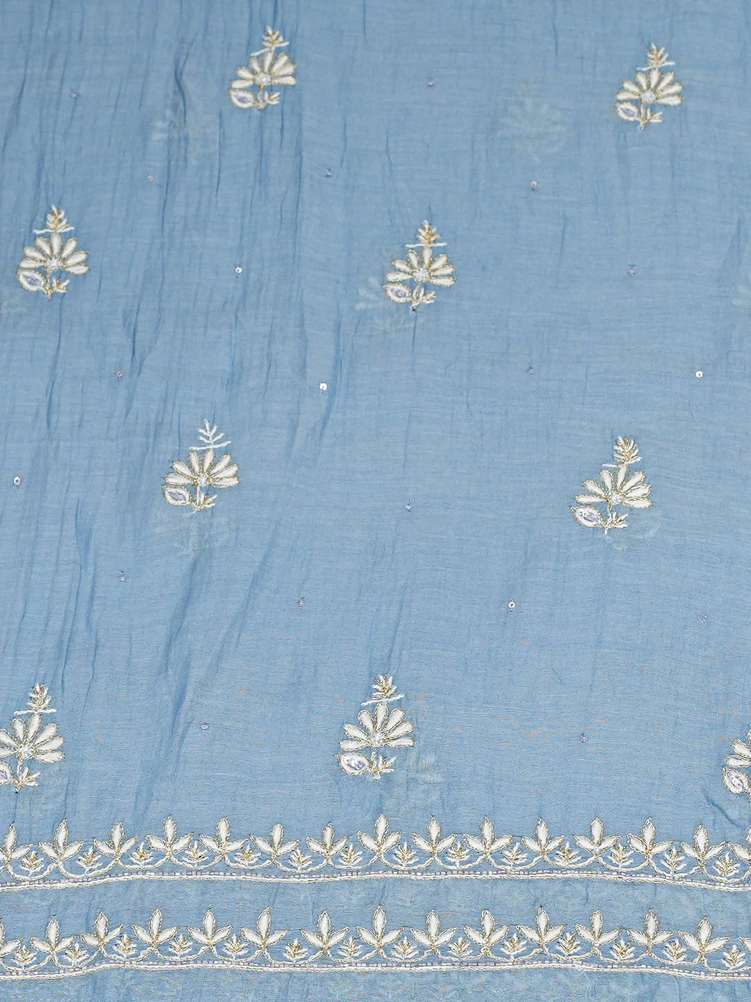 Ada Hand Embroidered Blue Chanderi Lucknowi Chikankari Unstitched Kurta Dupatta Set With Zari Taar Work 01A902102