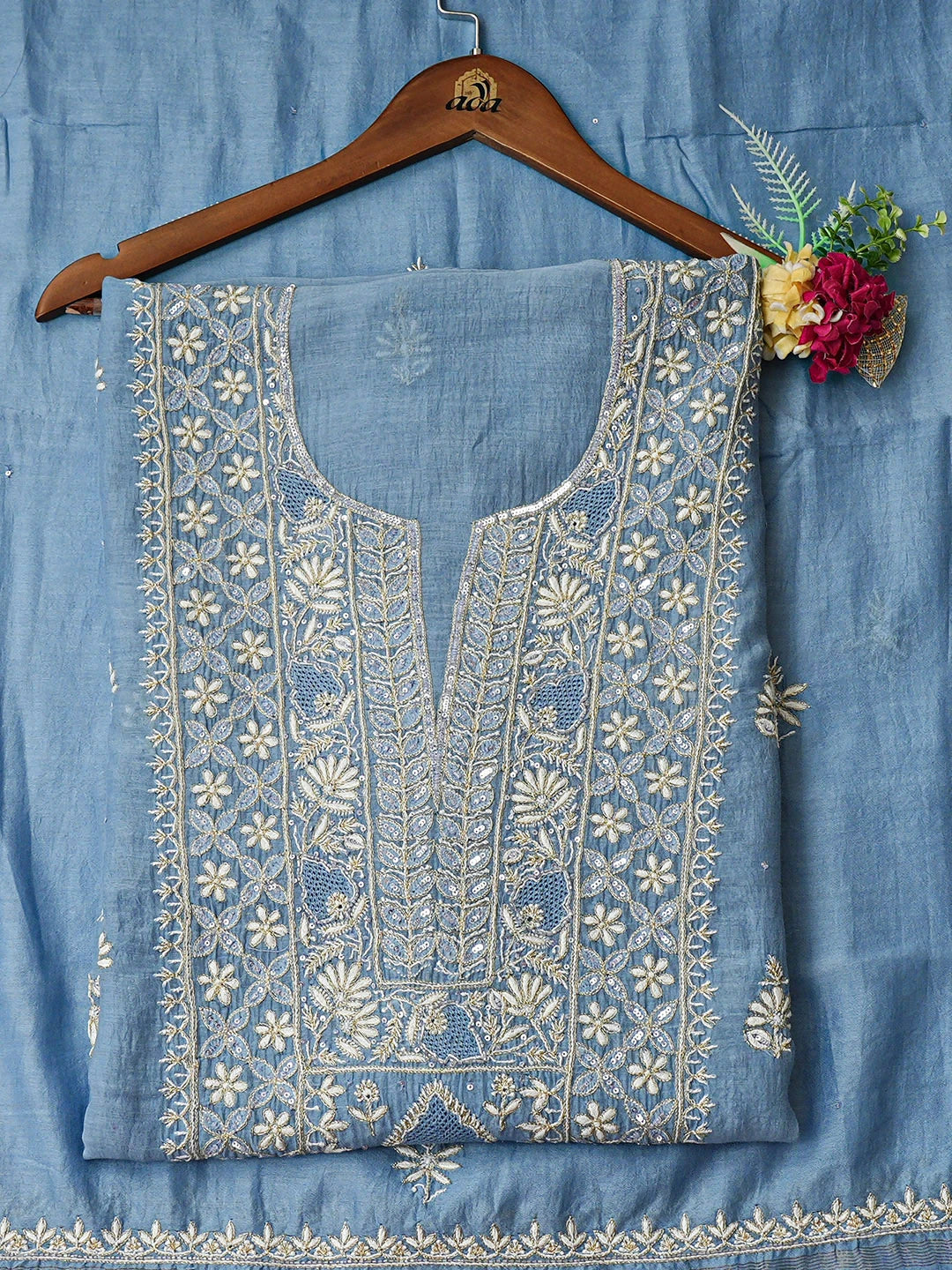Ada Hand Embroidered Blue Chanderi Lucknowi Chikankari Unstitched Kurta Dupatta Set With Zari Taar Work 01A902102
