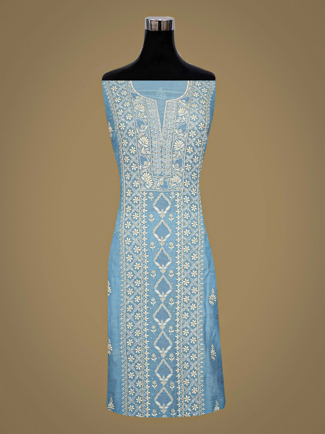 Ada Hand Embroidered Blue Chanderi Lucknowi Chikankari Unstitched Kurta Dupatta Set With Zari Taar Work 01A902102