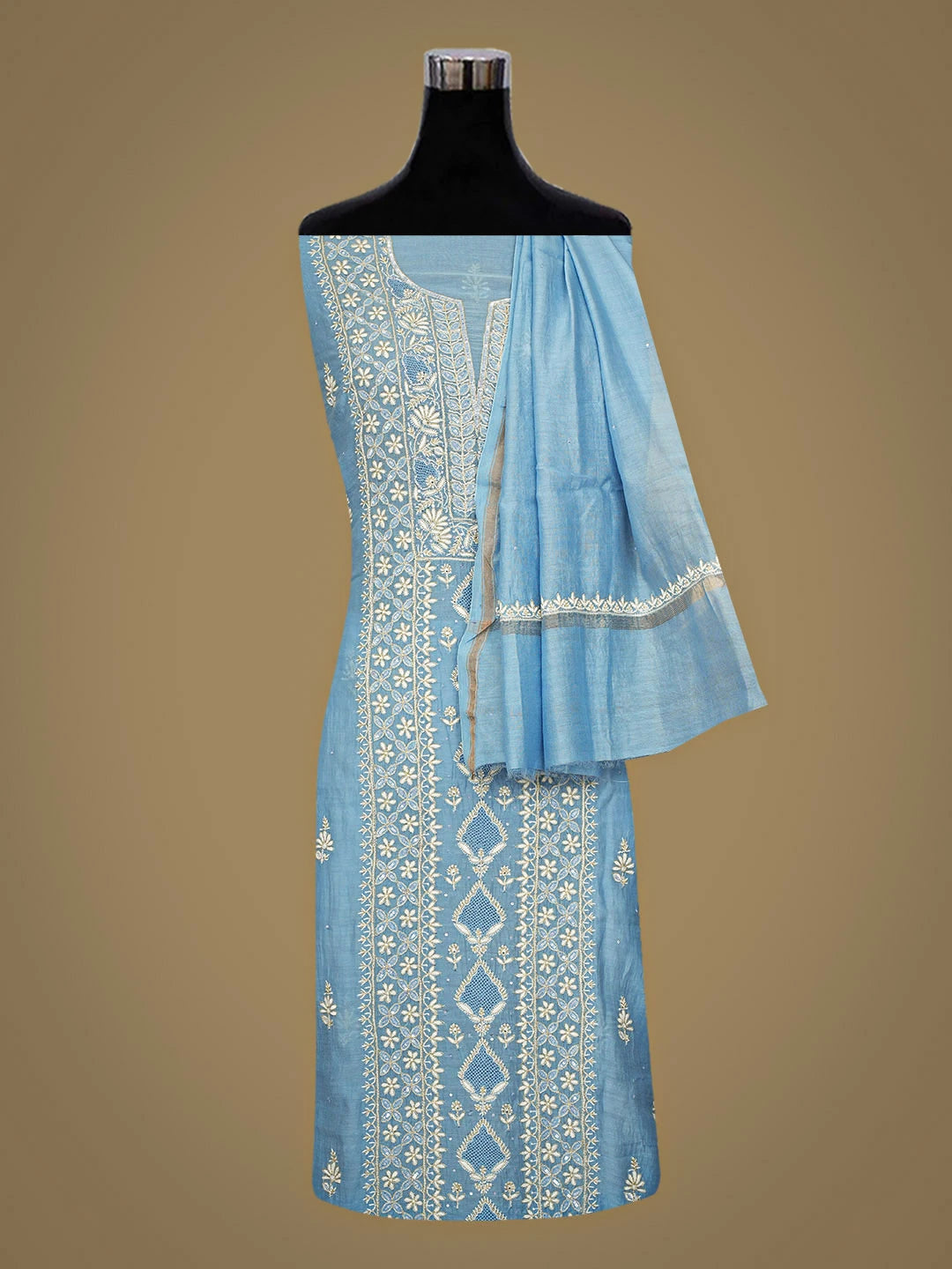 Ada Hand Embroidered Blue Chanderi Lucknowi Chikankari Unstitched Kurta Dupatta Set With Zari Taar Work 01A902102