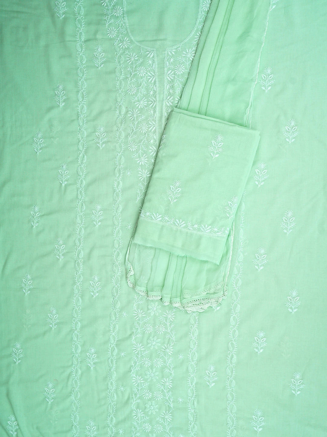 Ada Hand Embroidered Celadon Green Cotton Lucknowi Chikankari Unstitched Suit Piece 01A773781