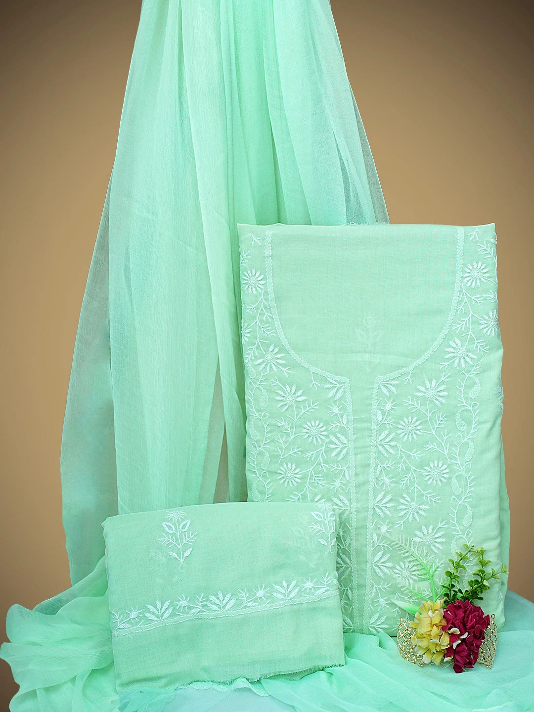 Ada Hand Embroidered Celadon Green Cotton Lucknowi Chikankari Unstitched Suit Piece 01A773781