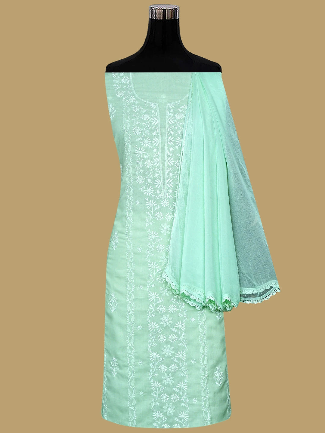 Ada Hand Embroidered Celadon Green Cotton Lucknowi Chikankari Unstitched Suit Piece 01A773781