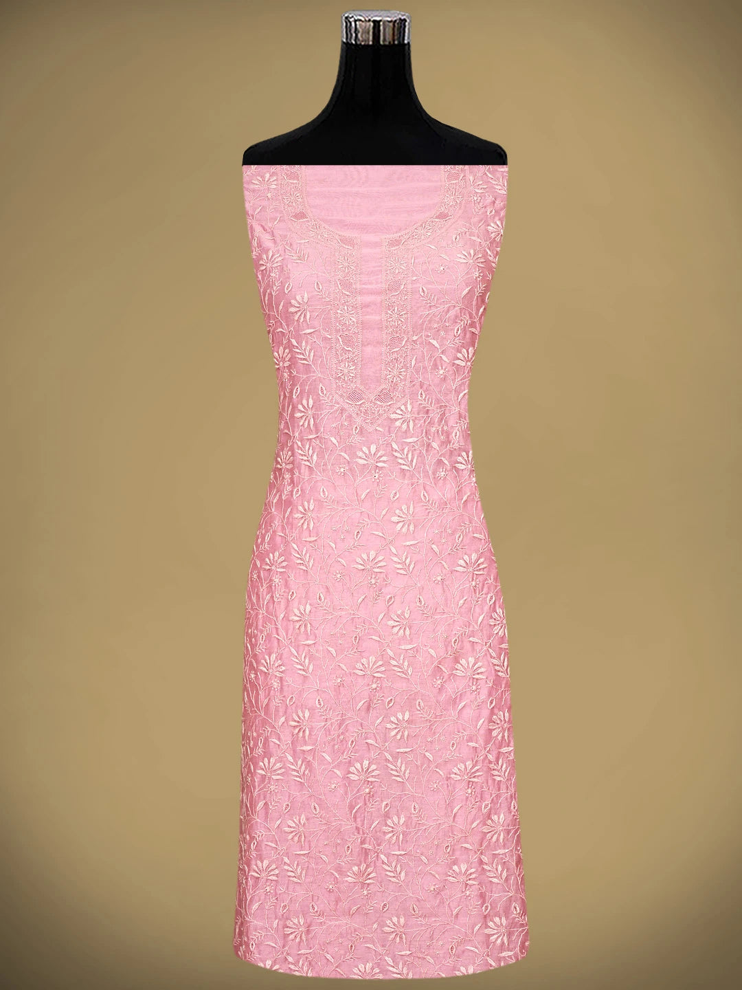 Ada Hand Embroidered Baby Pink Chanderi Lucknowi Chikankari Unstitched Kurta Dupatta Set 01A939463