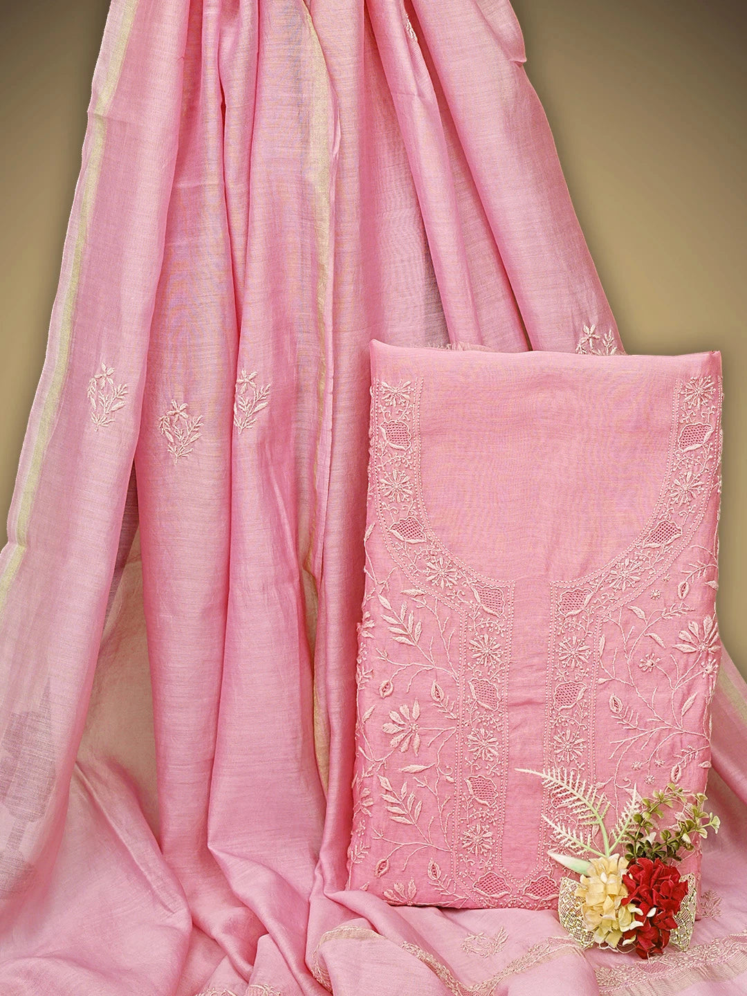 Ada Hand Embroidered Baby Pink Chanderi Lucknowi Chikankari Unstitched Kurta Dupatta Set 01A939463