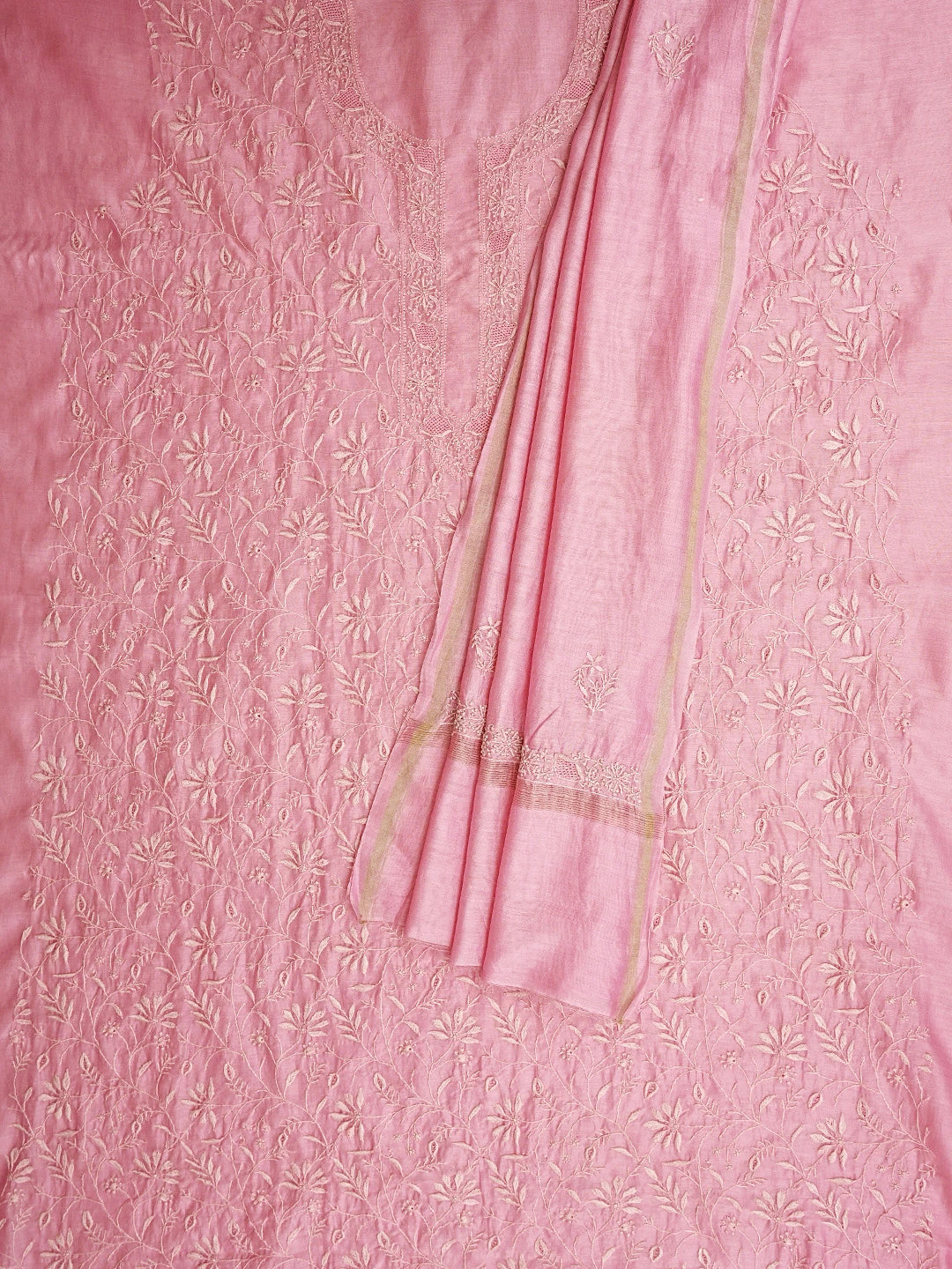 Ada Hand Embroidered Baby Pink Chanderi Lucknowi Chikankari Unstitched Kurta Dupatta Set 01A939463