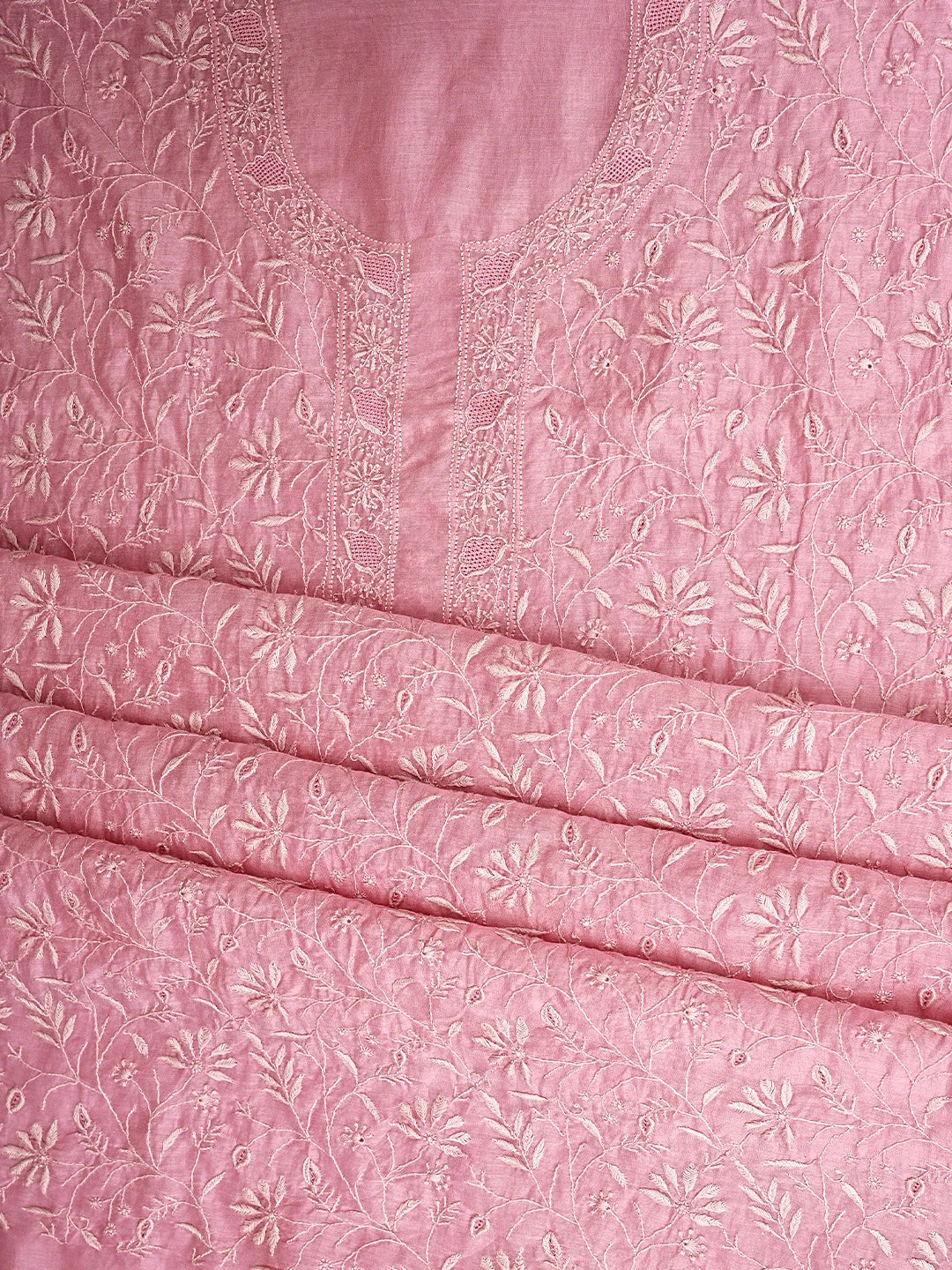 Ada Hand Embroidered Baby Pink Chanderi Lucknowi Chikankari Unstitched Kurta Dupatta Set 01A939463