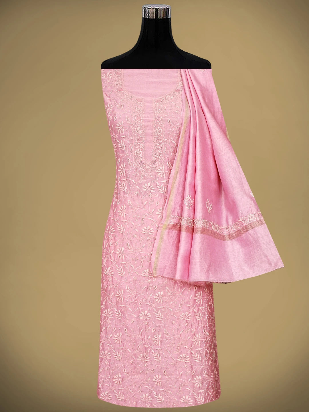 Ada Hand Embroidered Baby Pink Chanderi Lucknowi Chikankari Unstitched Kurta Dupatta Set 01A939463