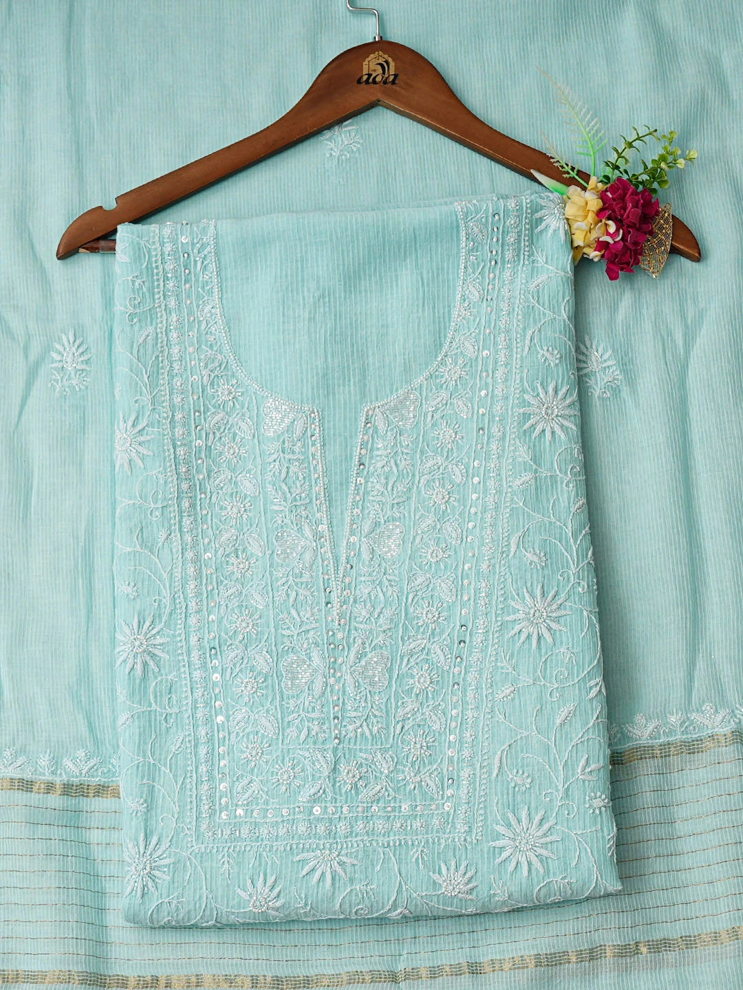 Ada Hand Embroidered Pale Cyan Chanderi Lucknowi Chikankari Unstitched Kurta Dupatta Set 01A934918