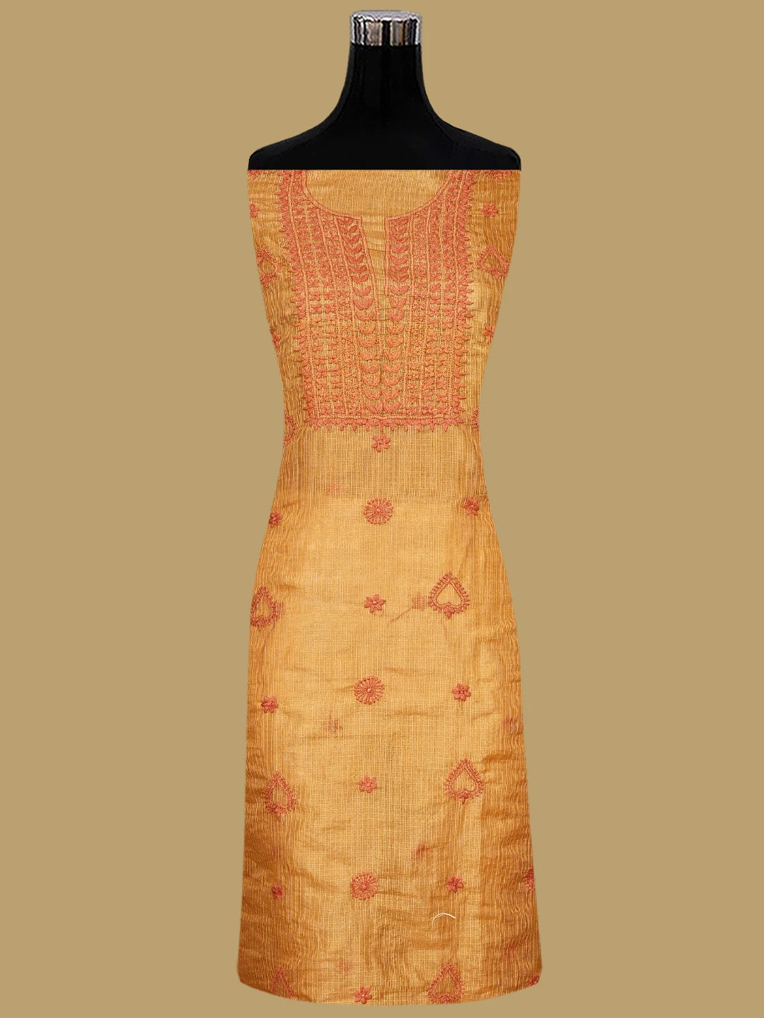 Ada Hand Embroidered Golden Apricot Orange Kota Tissue Lucknowi Chikankari Unstitched Kurta Dupatta Set 01A876770