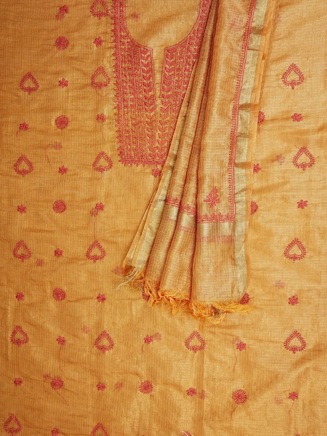 Ada Hand Embroidered Golden Apricot Orange Kota Tissue Lucknowi Chikankari Unstitched Kurta Dupatta Set 01A876770