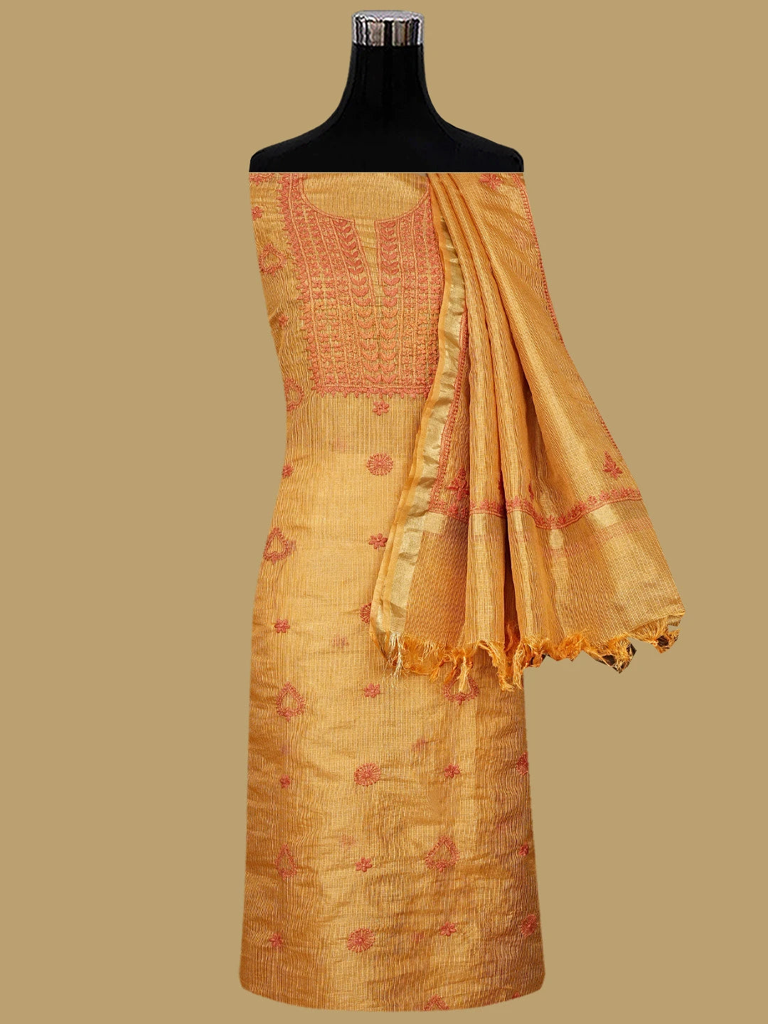 Ada Hand Embroidered Golden Apricot Orange Kota Tissue Lucknowi Chikankari Unstitched Kurta Dupatta Set 01A876770
