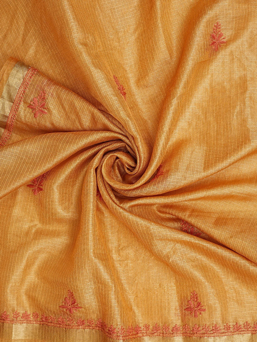 Ada Hand Embroidered Golden Apricot Orange Kota Tissue Lucknowi Chikankari Unstitched Kurta Dupatta Set 01A876770