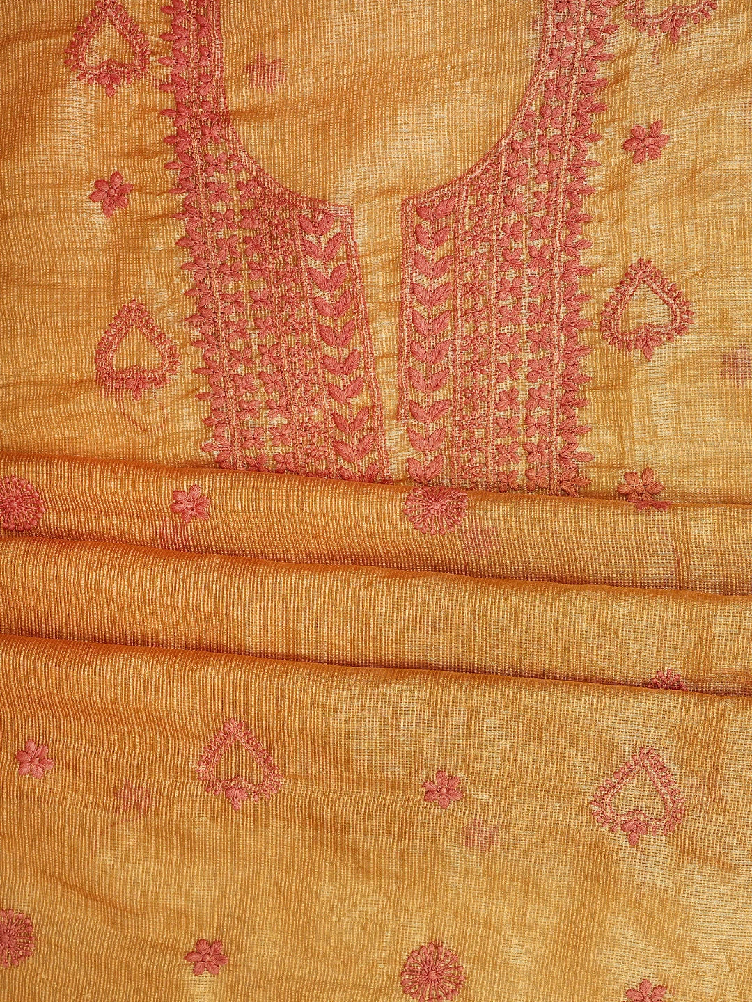Ada Hand Embroidered Golden Apricot Orange Kota Tissue Lucknowi Chikankari Unstitched Kurta Dupatta Set 01A876770