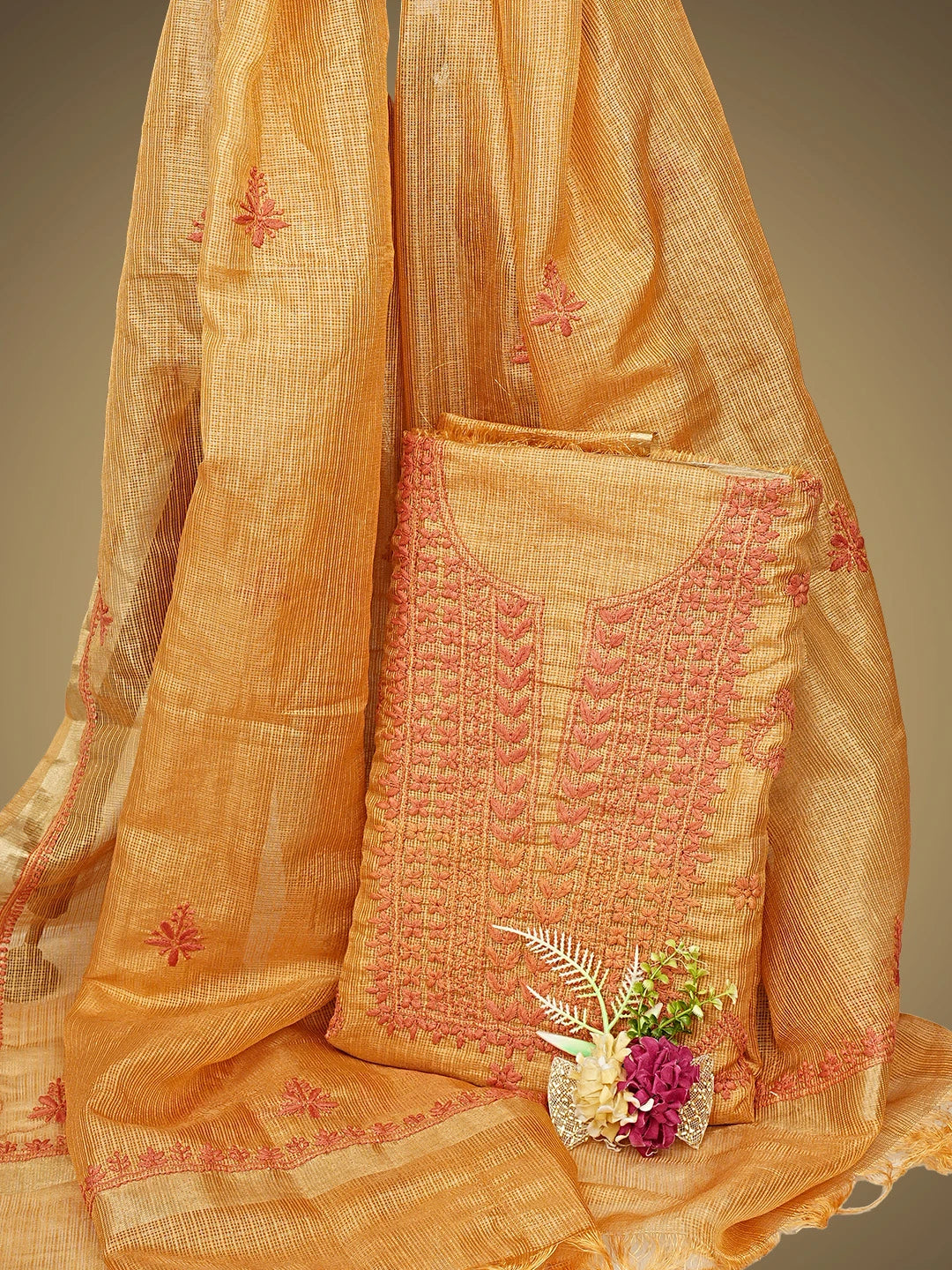 Ada Hand Embroidered Golden Apricot Orange Kota Tissue Lucknowi Chikankari Unstitched Kurta Dupatta Set 01A876770